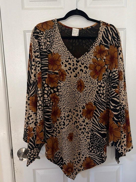 Roaman's Tops - Roaman's Beige Tunic with Brown Floral & Animal Print
